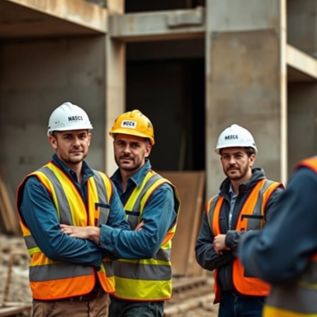 Trabajadores de la construcción con cascos de seguridad en una obra