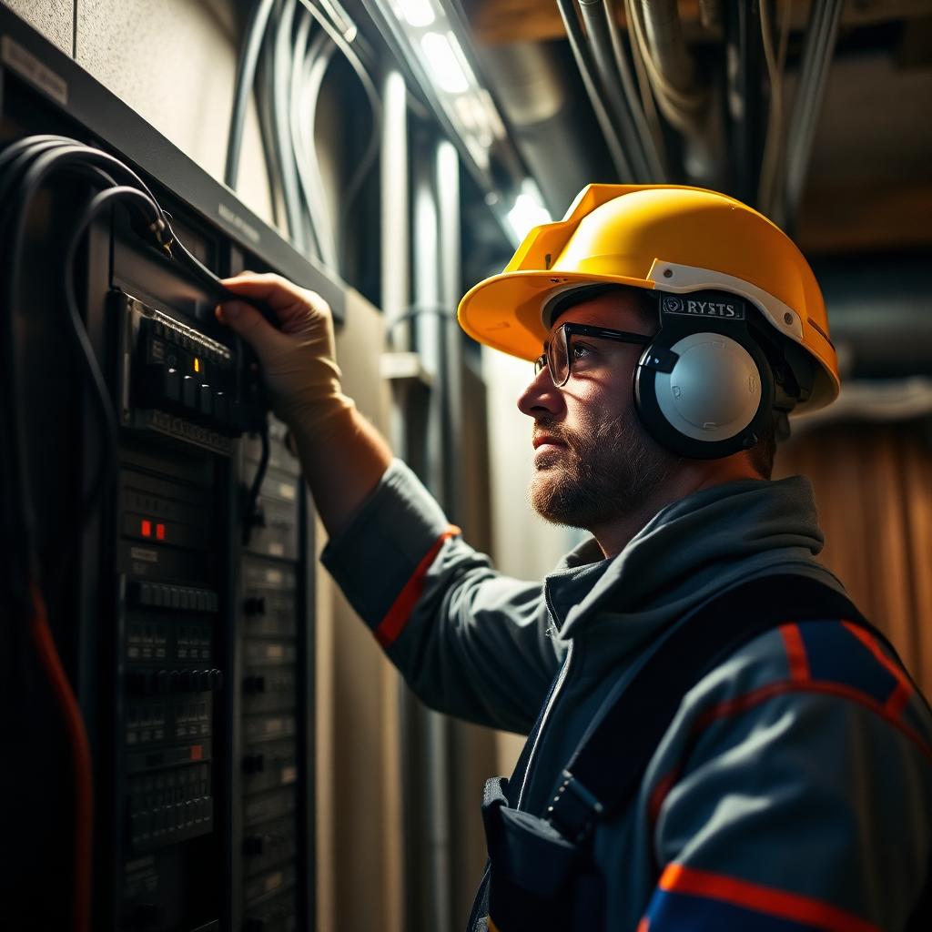 Electricista trabajando en un cuadro de distribución