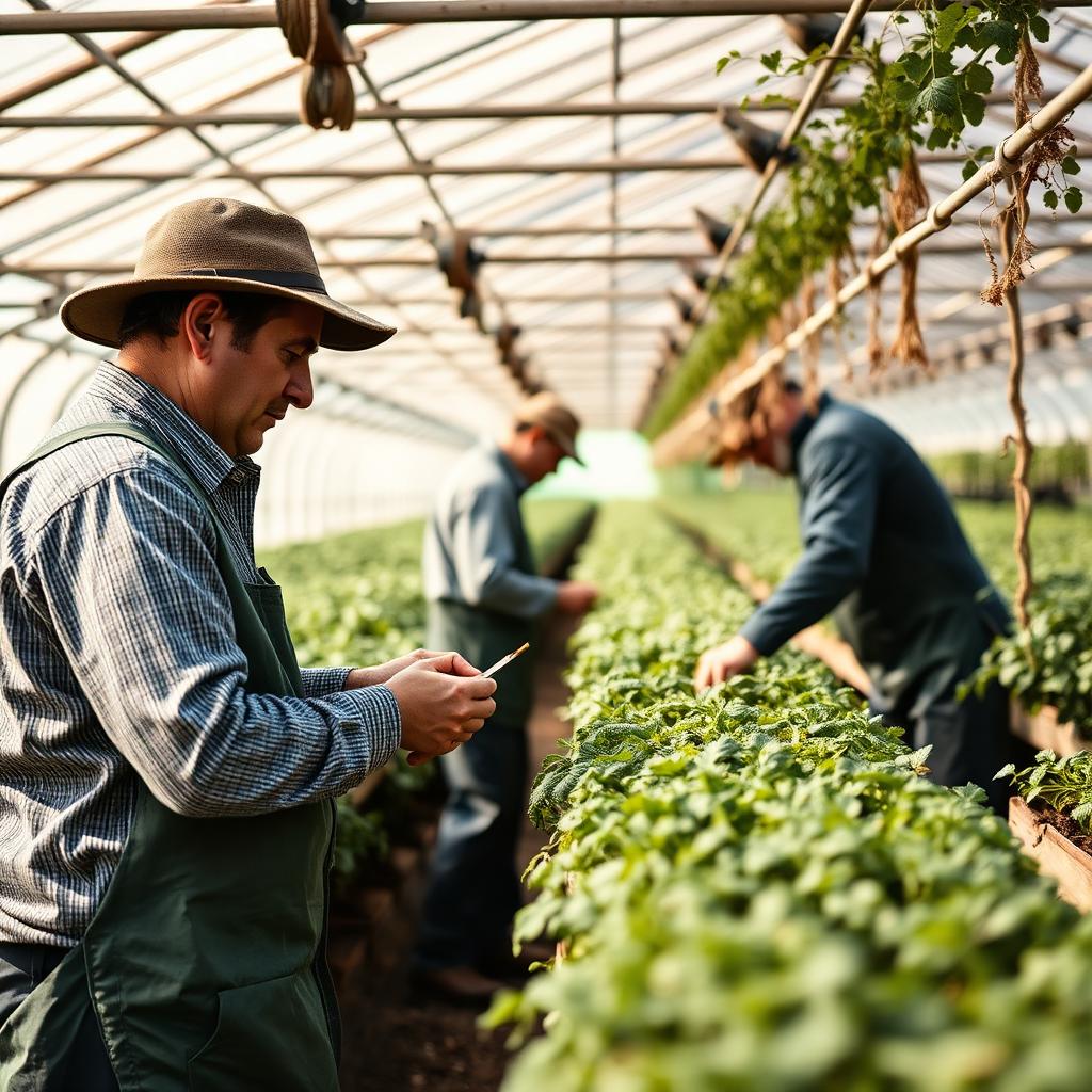 Trabajadores agrícolas en un invernadero cuidando cultivos