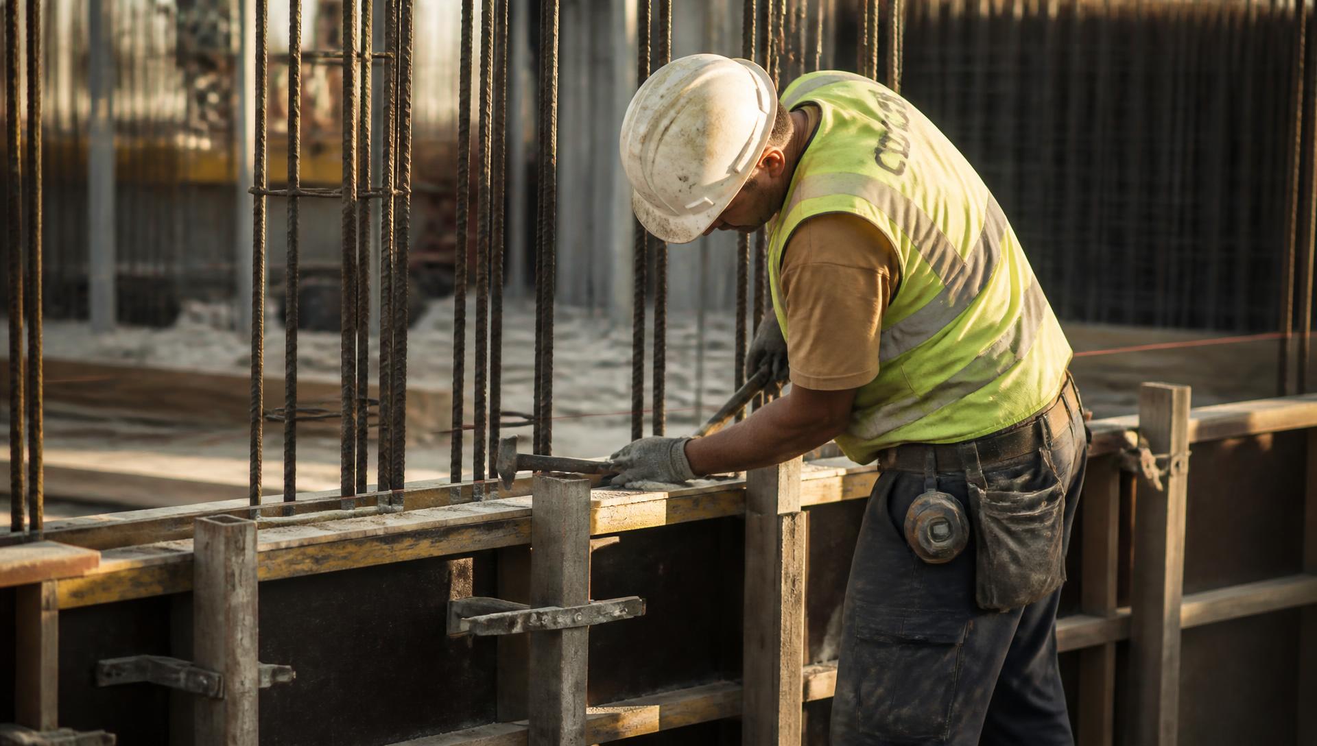 Oficial de obra trabajando en el encofrado de una estructura de hormigón